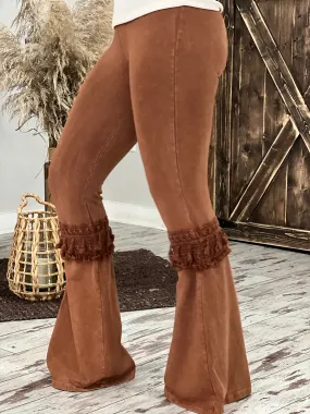 Fringed Crochet Washed Bell Bottom Flare Pants in Pumpkin Spice