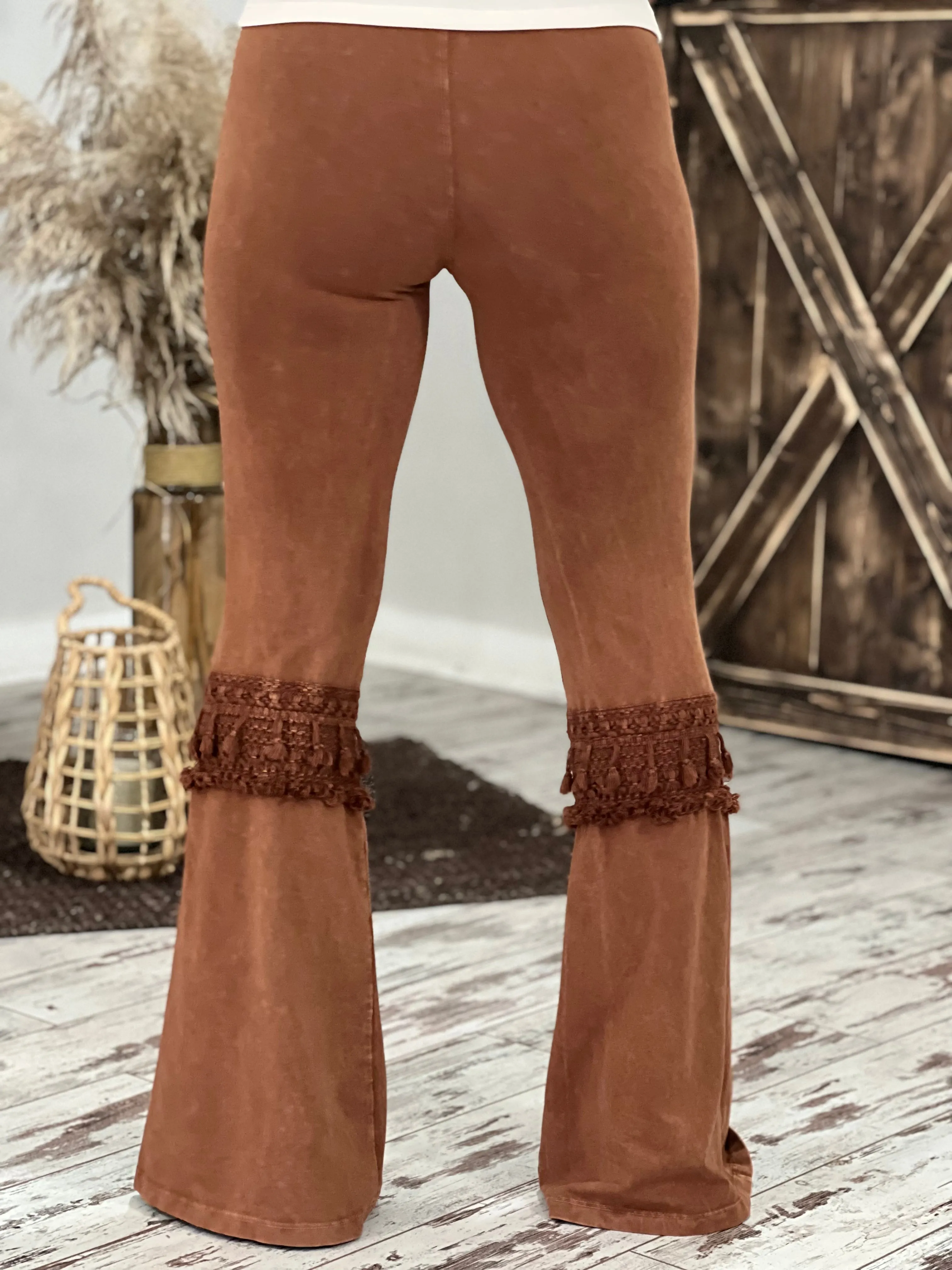 Fringed Crochet Washed Bell Bottom Flare Pants in Pumpkin Spice