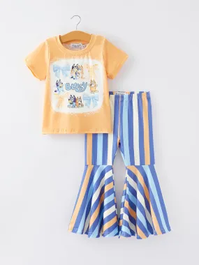 Girls Cartoon Print Top Bell-Bottom Pants Outfits