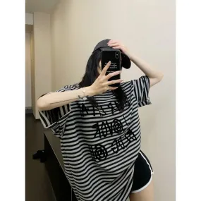 Graphic Print Oversized Striped T-Shirt