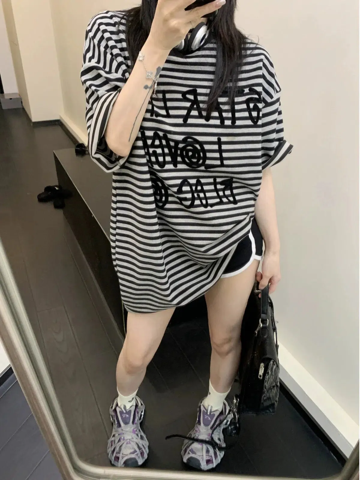 Graphic Print Oversized Striped T-Shirt