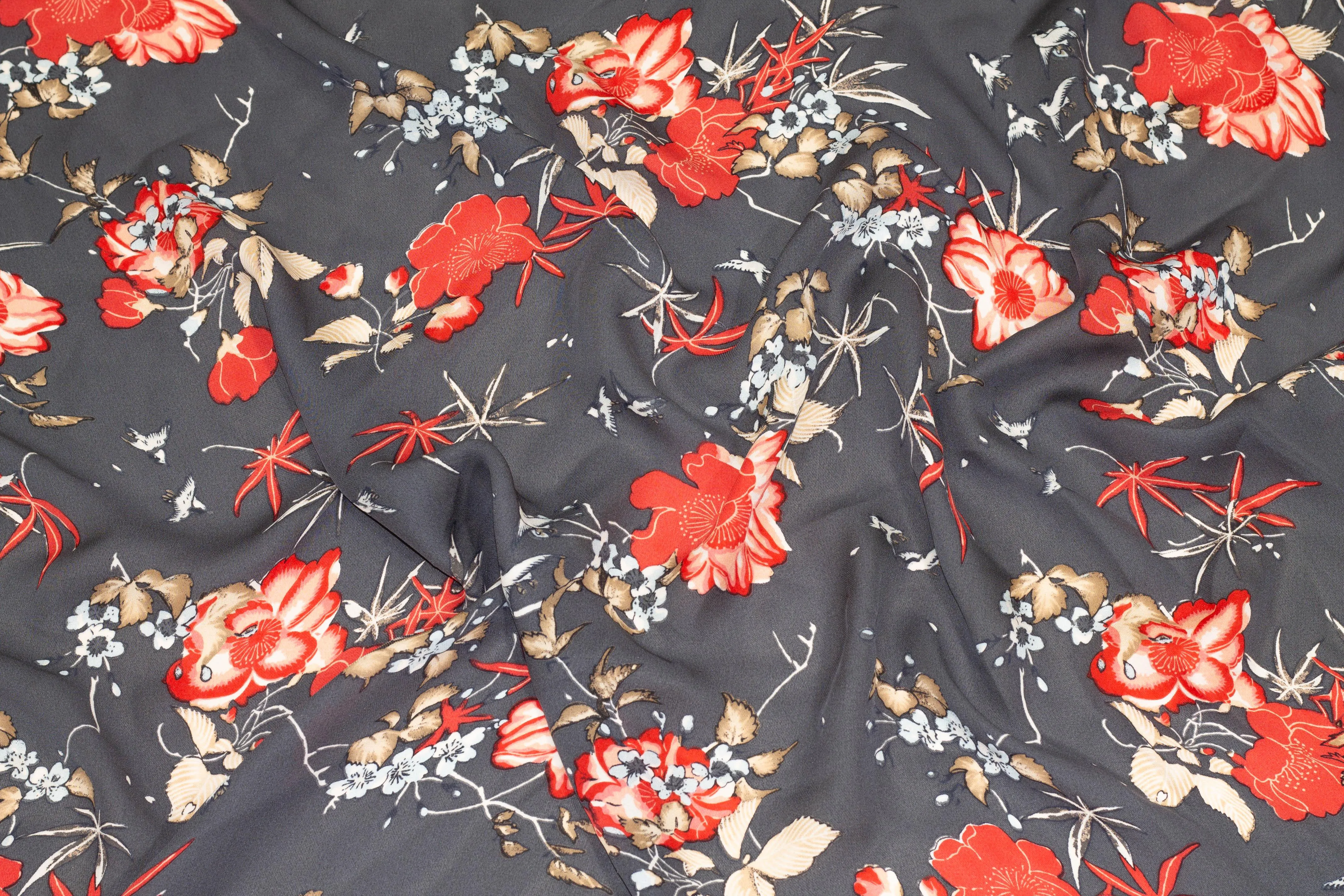 Gray, Red and Beige Floral Silk Georgette