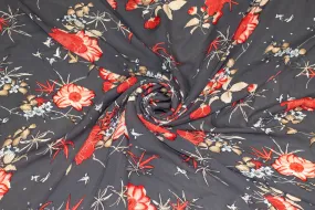 Gray, Red and Beige Floral Silk Georgette