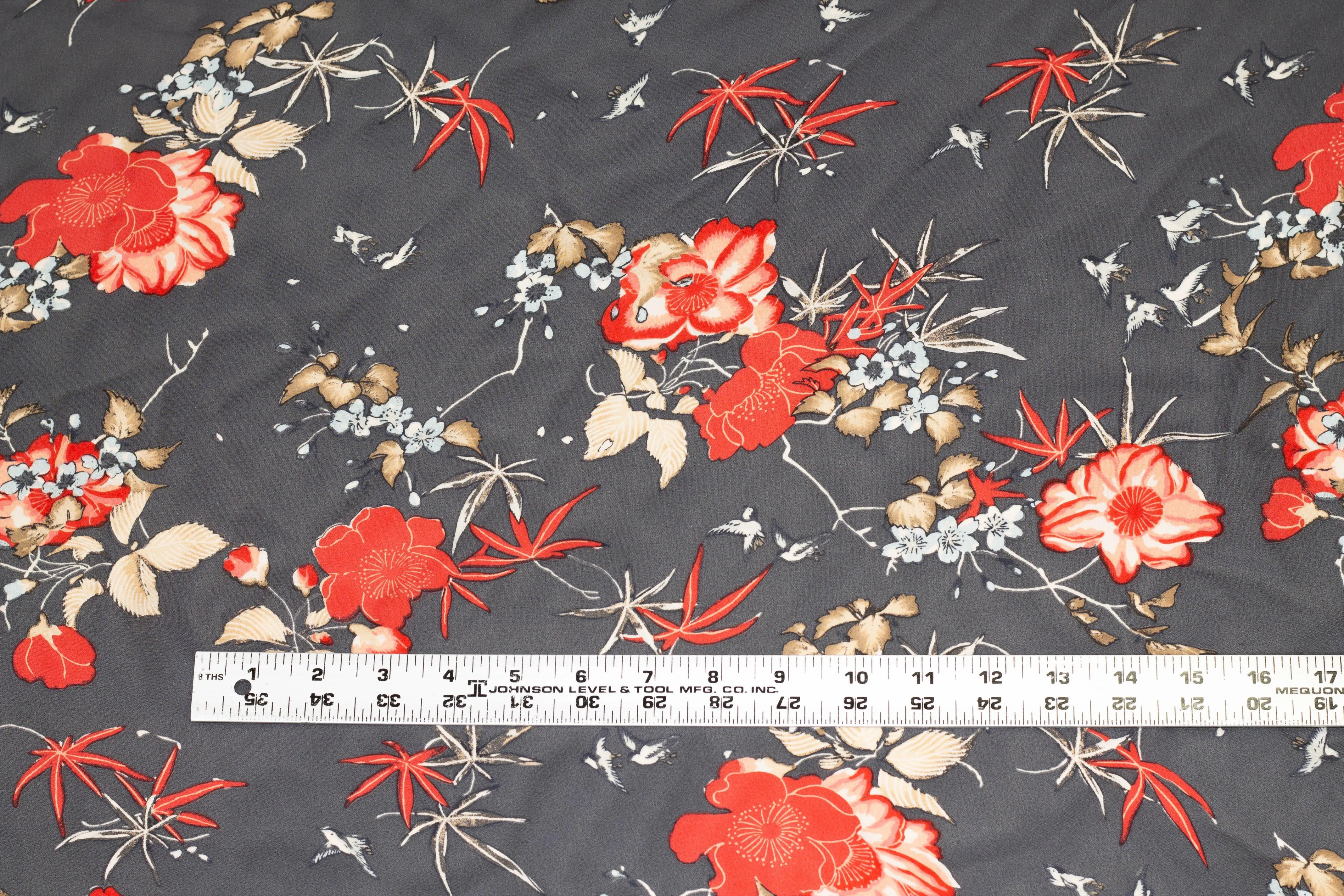 Gray, Red and Beige Floral Silk Georgette