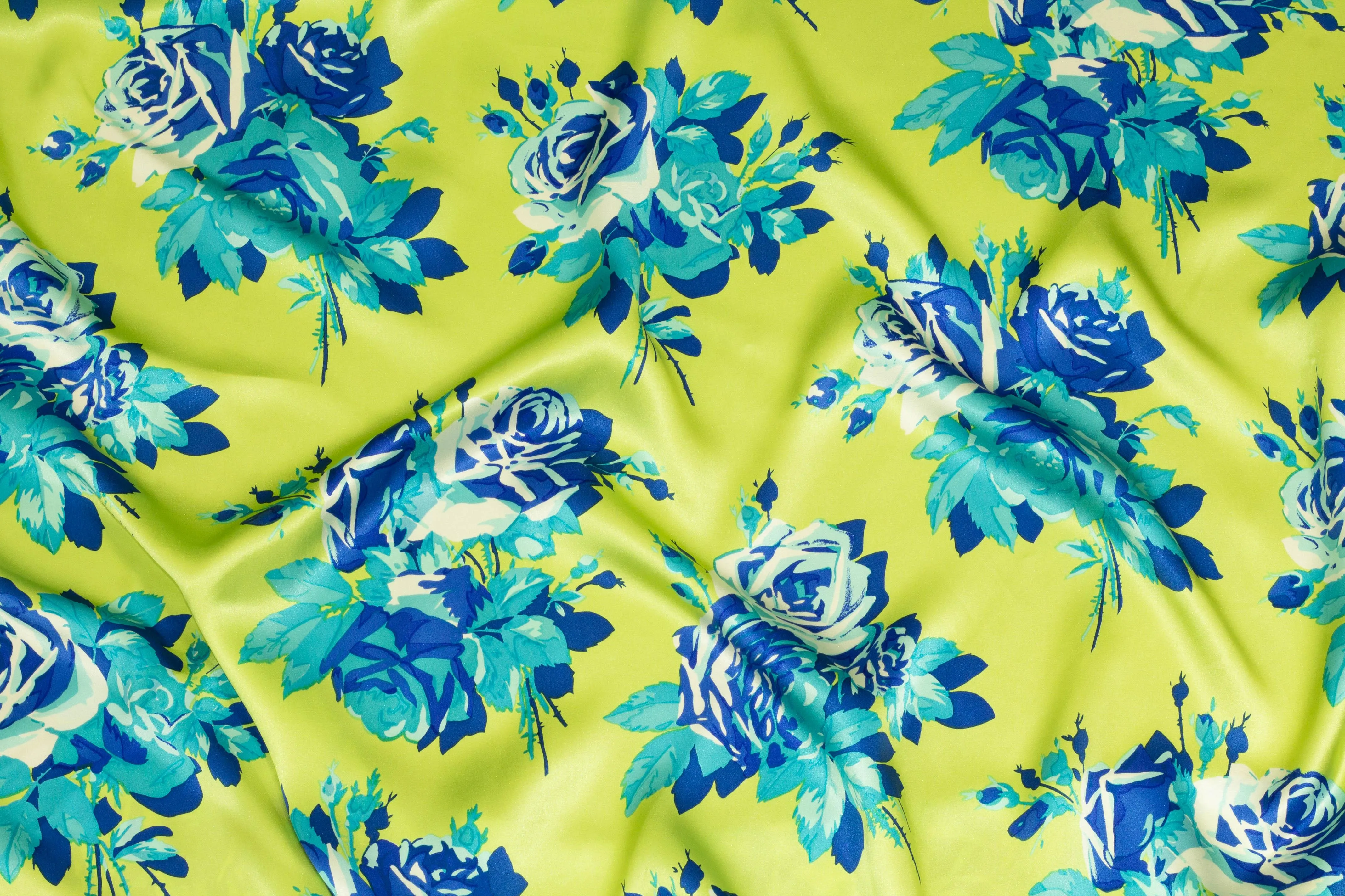 Green and Blue Floral Silk Charmeuse