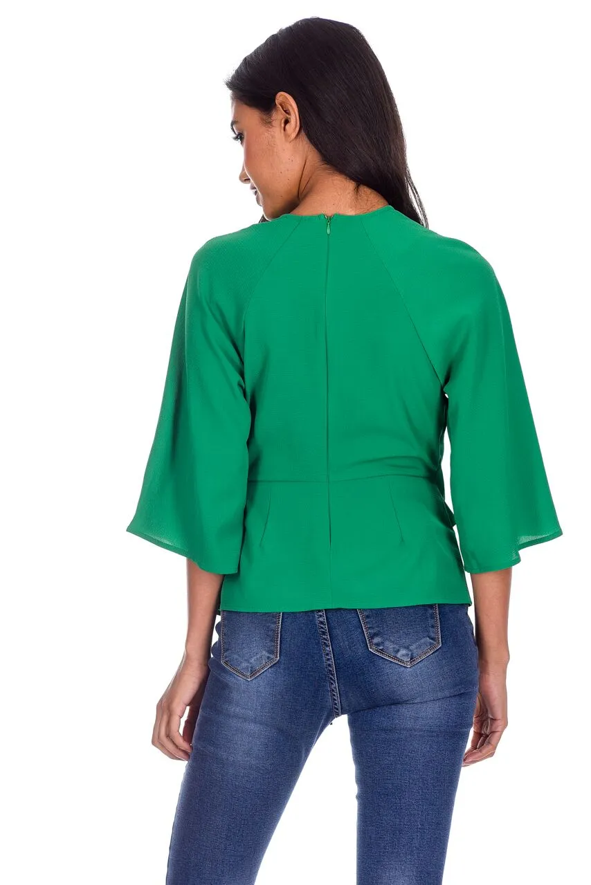 Green Tie Waist Flared Sleeve Top