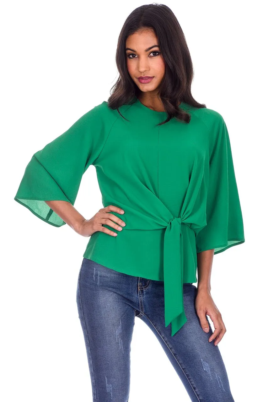 Green Tie Waist Flared Sleeve Top