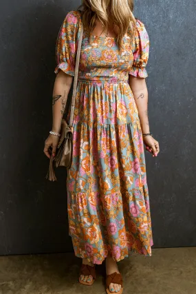 High Waist Puff Sleeve Floral Dresses