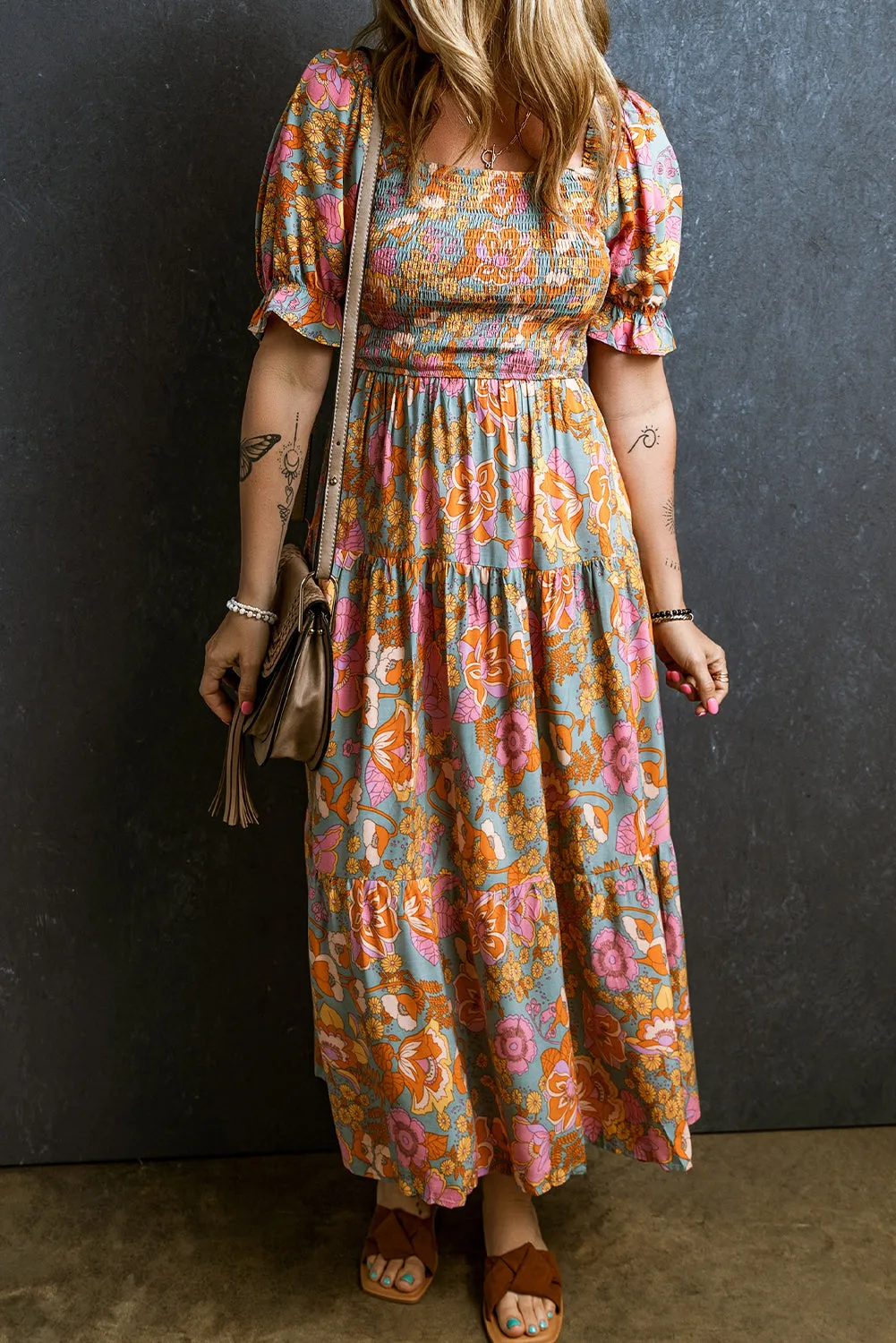 High Waist Puff Sleeve Floral Dresses