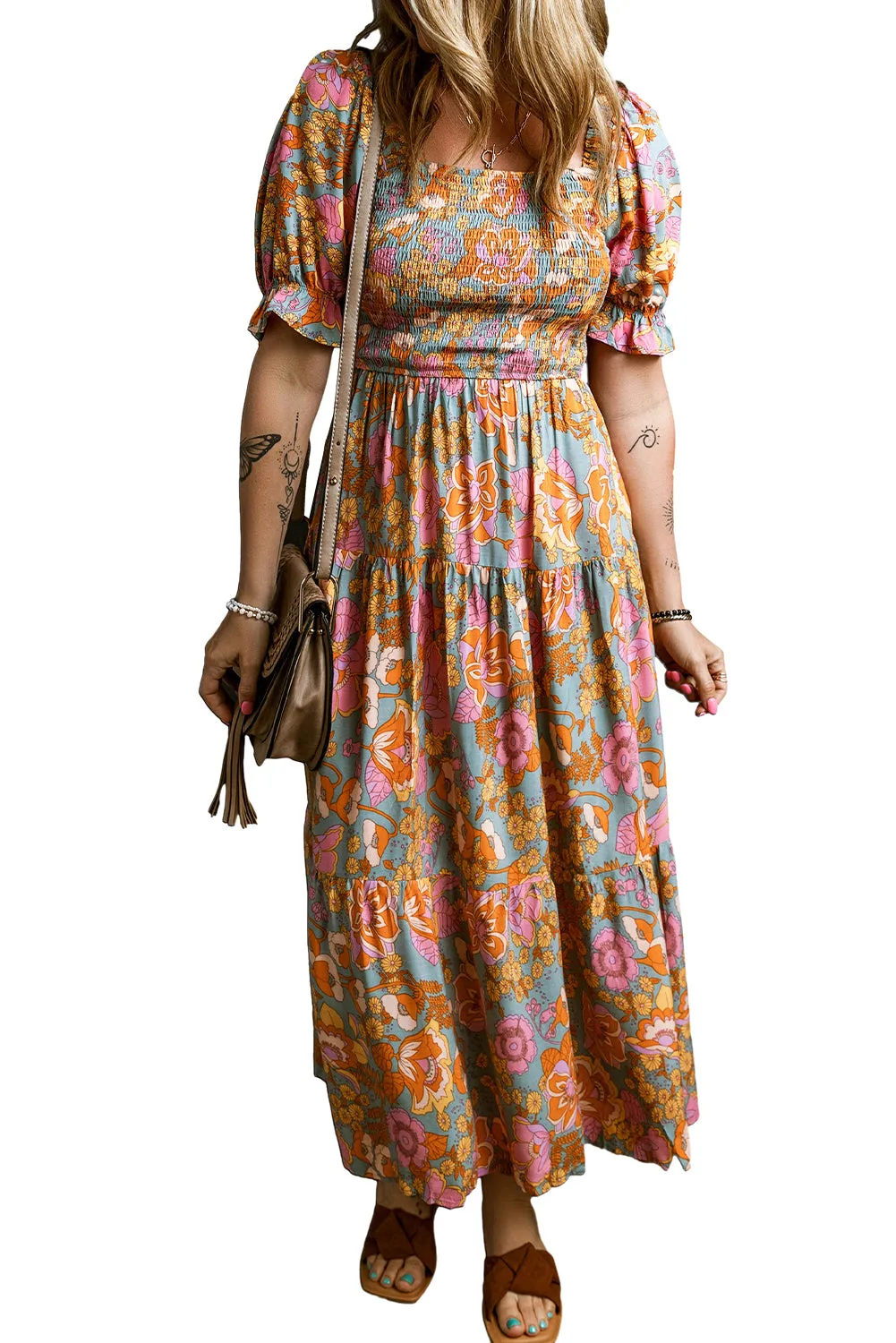 High Waist Puff Sleeve Floral Dresses