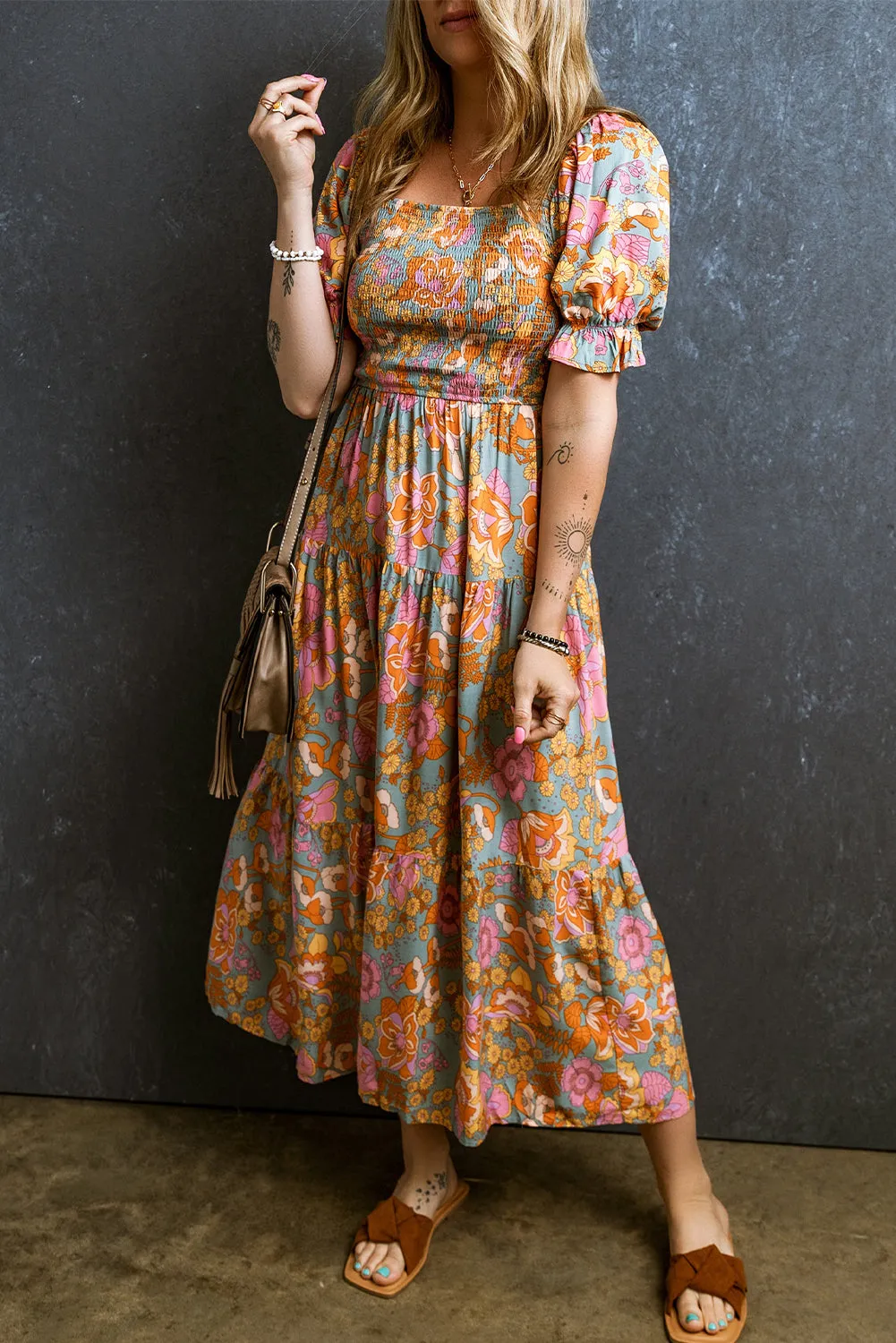 High Waist Puff Sleeve Floral Dresses