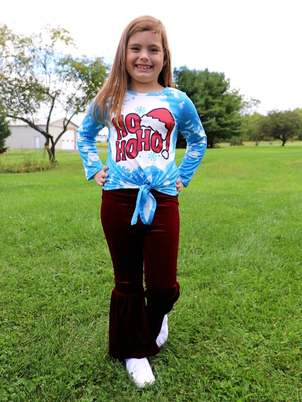 Ho Ho Ho Burgundy & Blue Acid Wash Girls Christmas Santa Bell Bottom Outfit