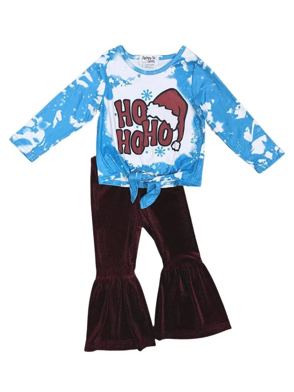 Ho Ho Ho Burgundy & Blue Acid Wash Girls Christmas Santa Bell Bottom Outfit