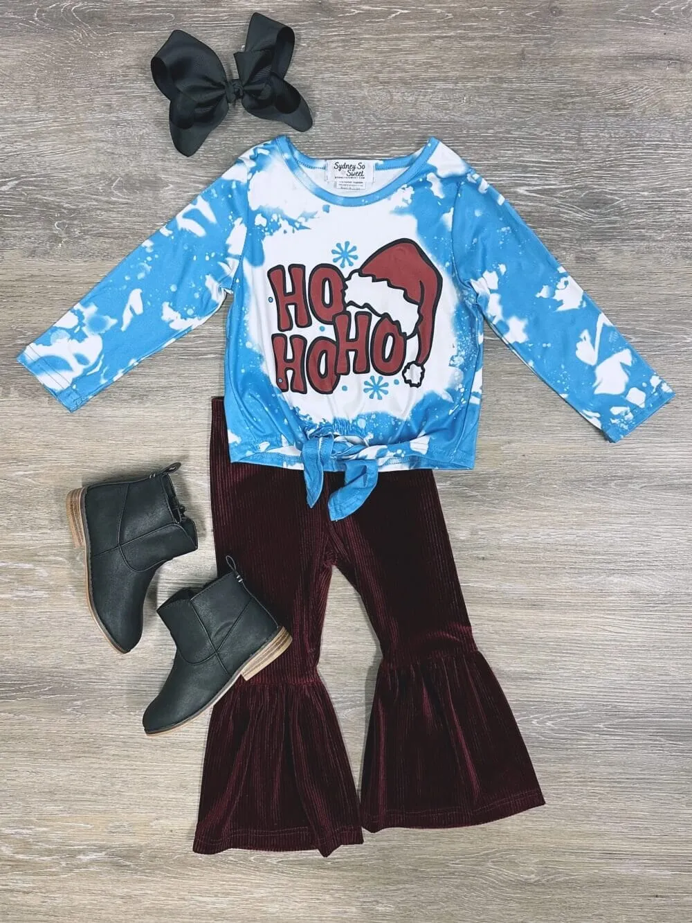 Ho Ho Ho Burgundy & Blue Acid Wash Girls Christmas Santa Bell Bottom Outfit