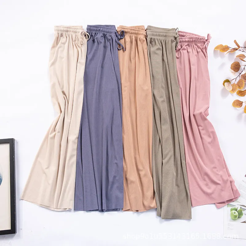 Ice Silk Wide Leg Pants Women Summer High Waist Drape Loose Straight Thin Casual Slim-Look Floor Length Pants