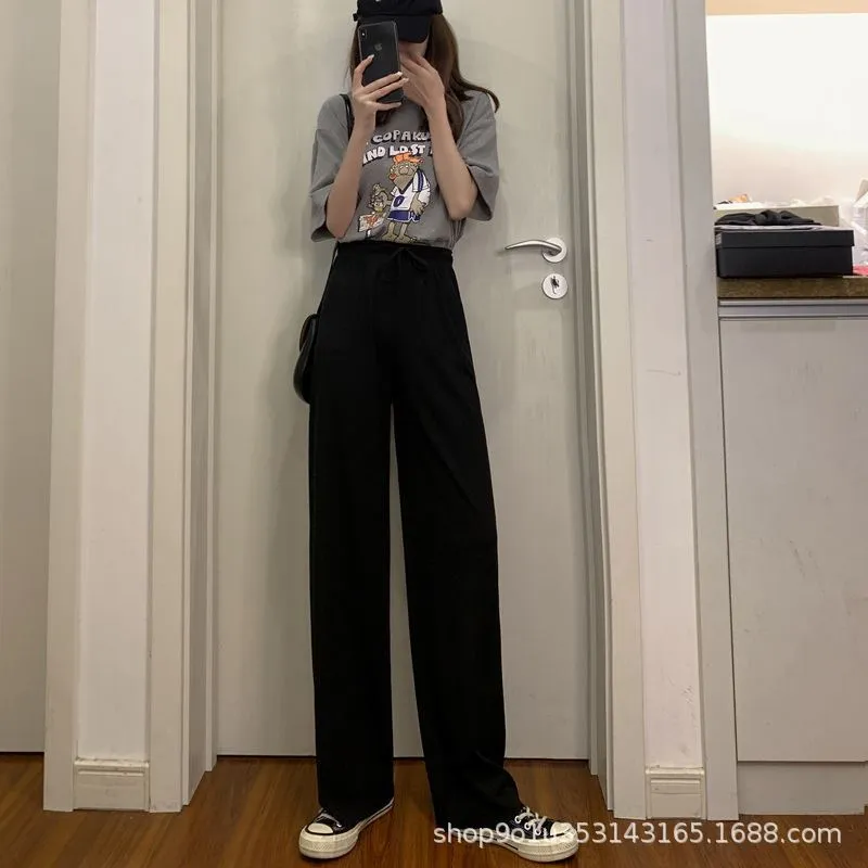 Ice Silk Wide Leg Pants Women Summer High Waist Drape Loose Straight Thin Casual Slim-Look Floor Length Pants