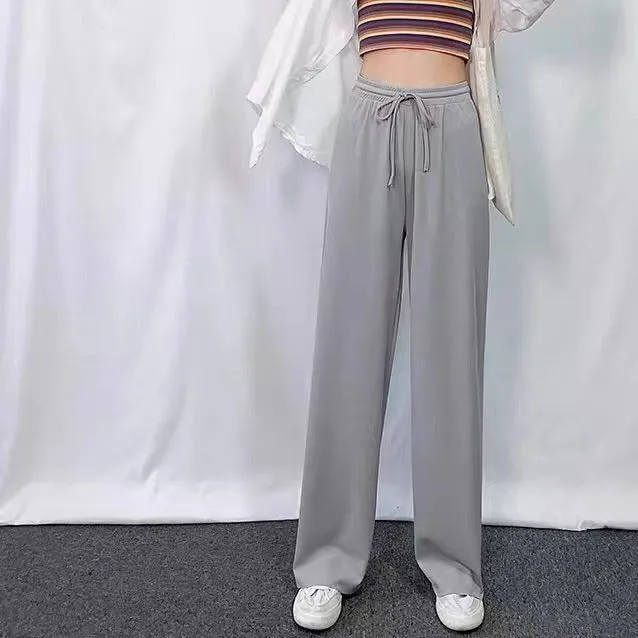 Ice Silk Wide Leg Pants Women Summer High Waist Drape Loose Straight Thin Casual Slim-Look Floor Length Pants