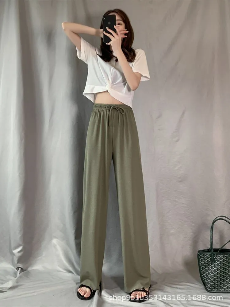 Ice Silk Wide Leg Pants Women Summer High Waist Drape Loose Straight Thin Casual Slim-Look Floor Length Pants