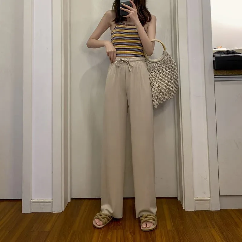 Ice Silk Wide Leg Pants Women Summer High Waist Drape Loose Straight Thin Casual Slim-Look Floor Length Pants