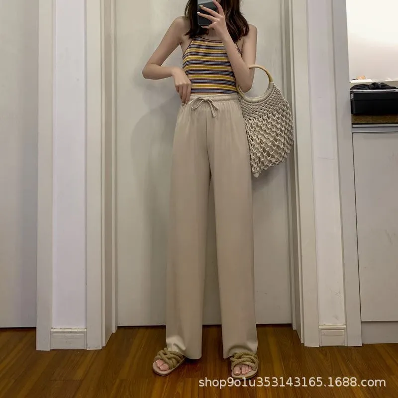 Ice Silk Wide Leg Pants Women Summer High Waist Drape Loose Straight Thin Casual Slim-Look Floor Length Pants