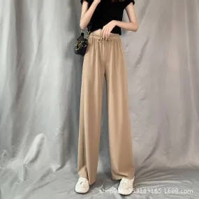 Ice Silk Wide Leg Pants Women Summer High Waist Drape Loose Straight Thin Casual Slim-Look Floor Length Pants