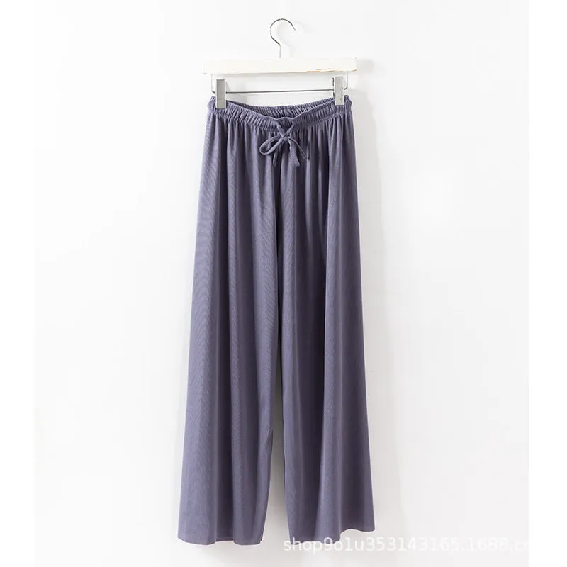 Ice Silk Wide Leg Pants Women Summer High Waist Drape Loose Straight Thin Casual Slim-Look Floor Length Pants