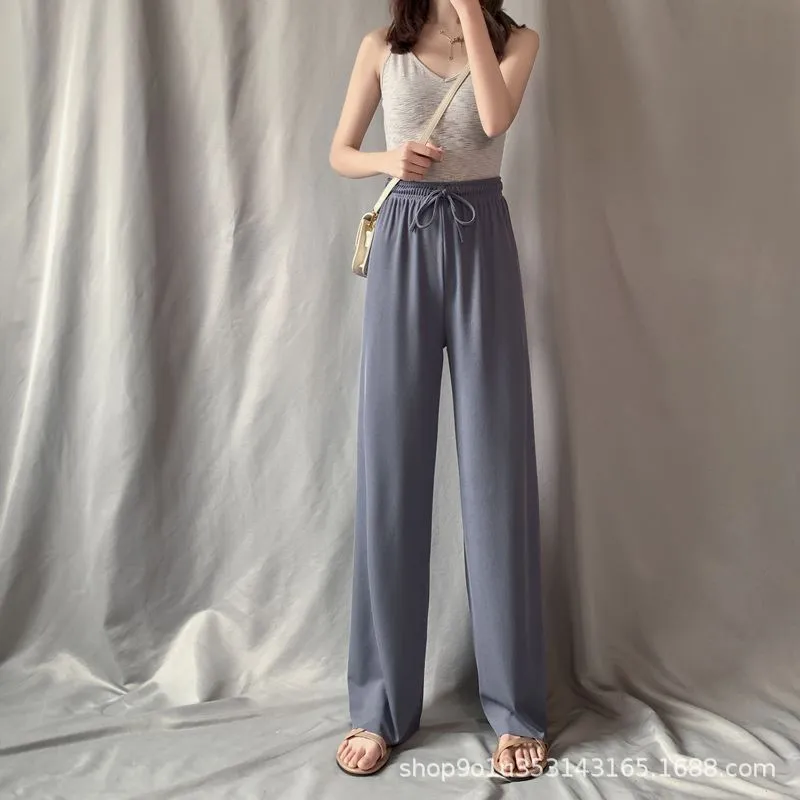 Ice Silk Wide Leg Pants Women Summer High Waist Drape Loose Straight Thin Casual Slim-Look Floor Length Pants