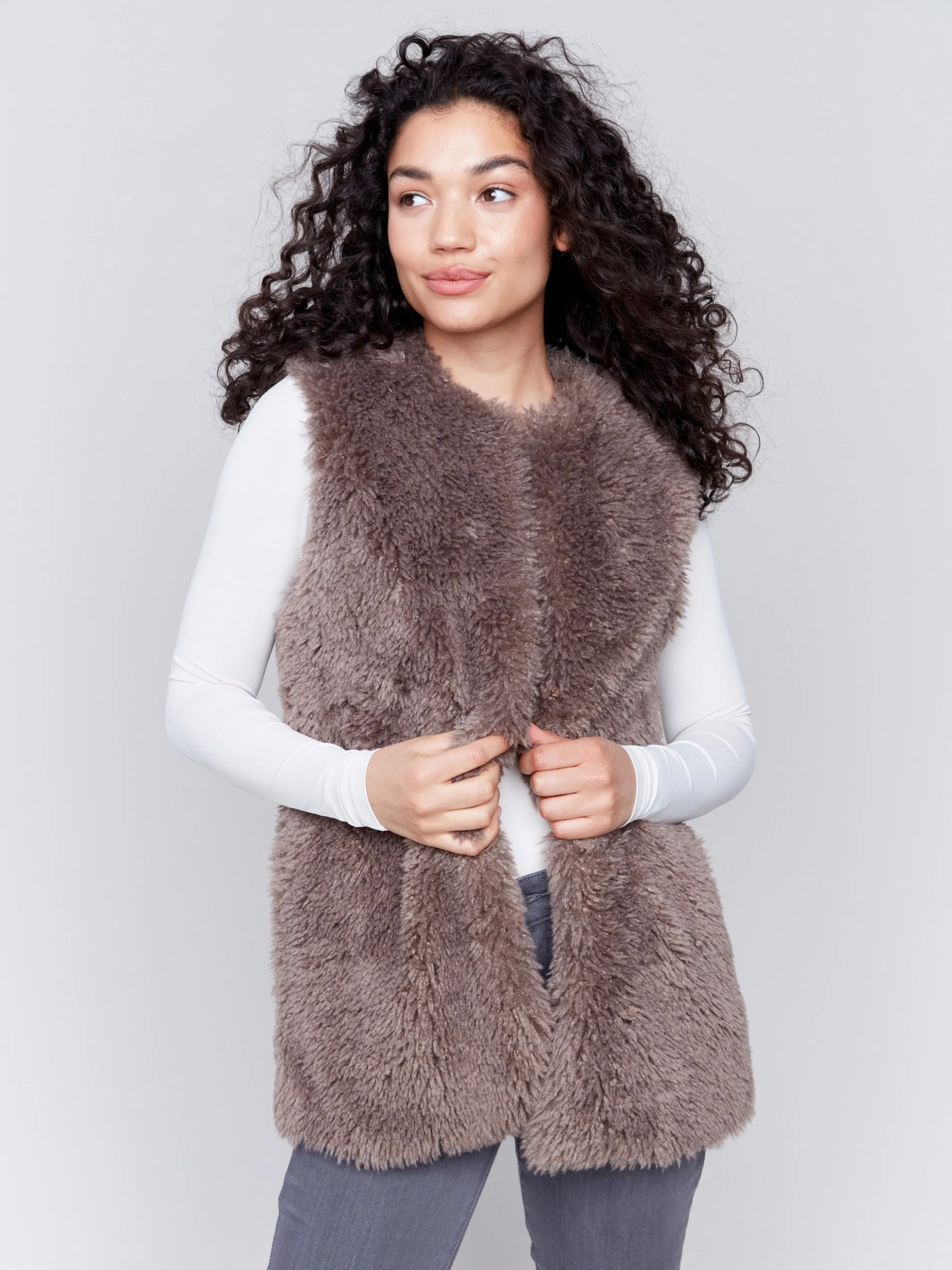 Long Faux Fur Vest - Taupe