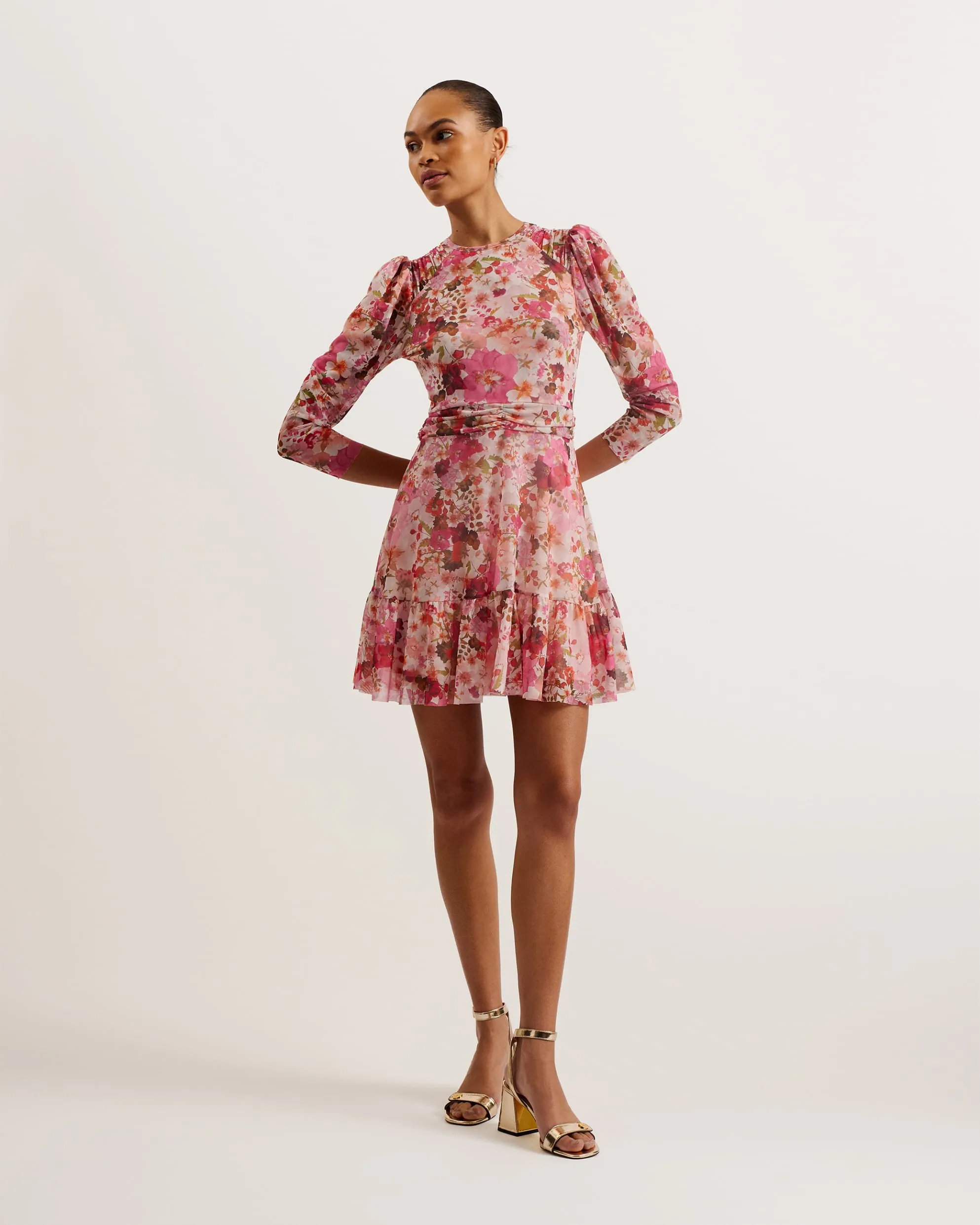 Mildrd Floral Gathered Detail Mesh Mini Dress Pink