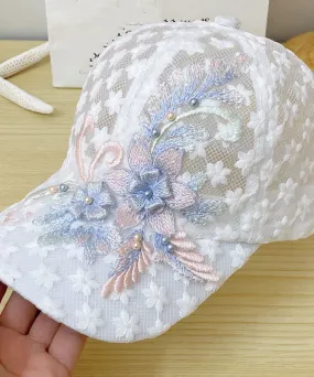 Modern White Lace Patchwork Embroideried Floral Hollow Out Baseball Cap Hat