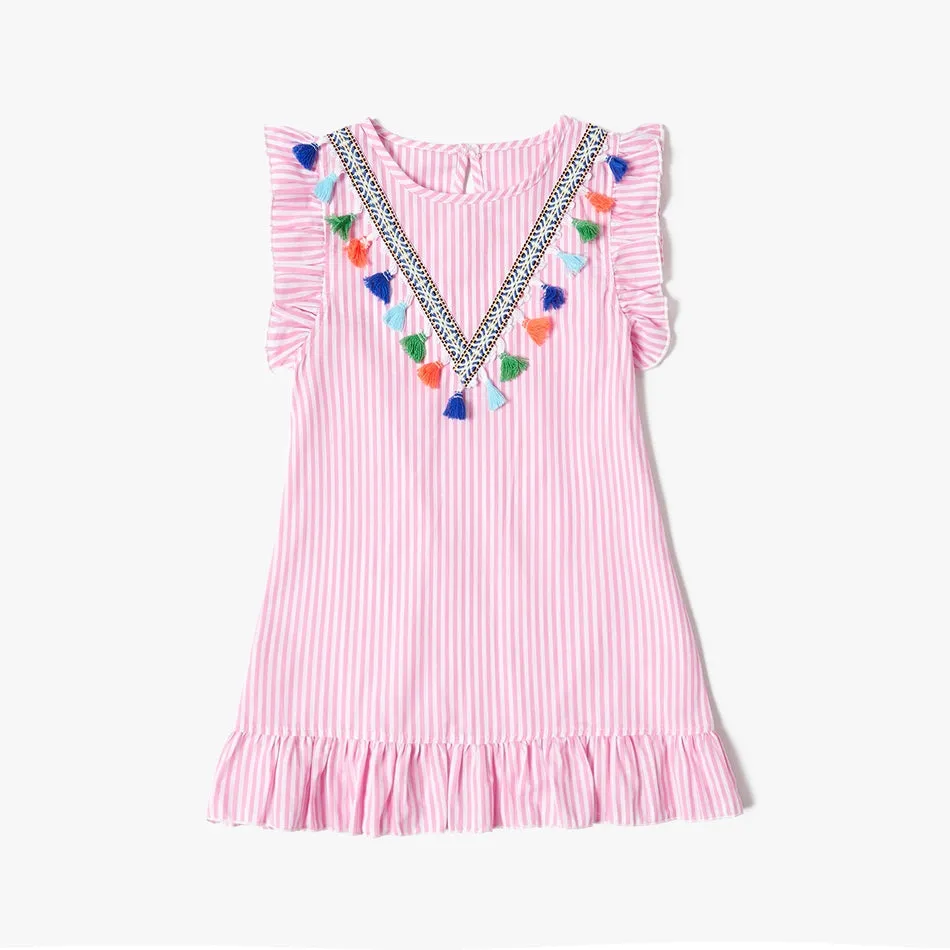 Mom and Daughter Dress Boho Mommy and Me Dresses Stripe Tassel Print Sleeveless