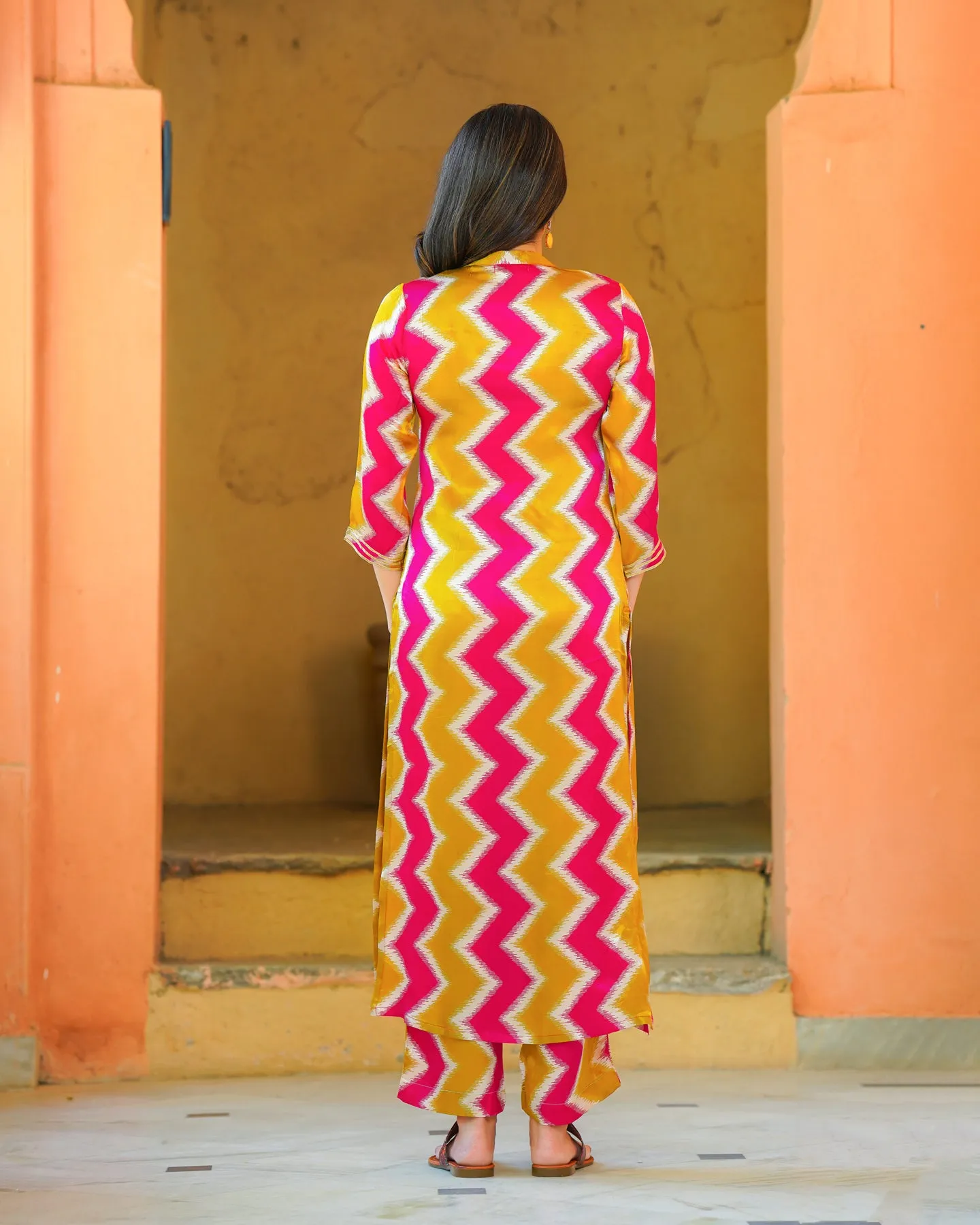 Pink And Mustard Zigzag Kurta Set