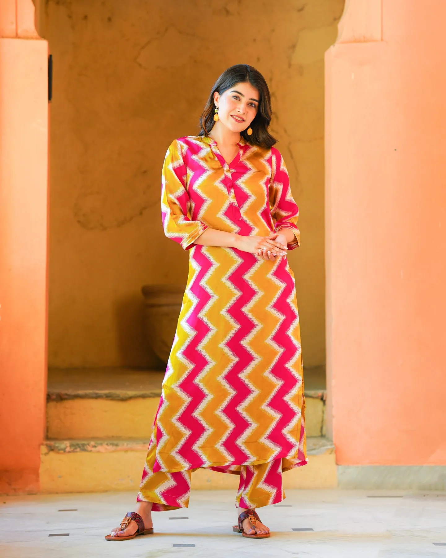 Pink And Mustard Zigzag Kurta Set