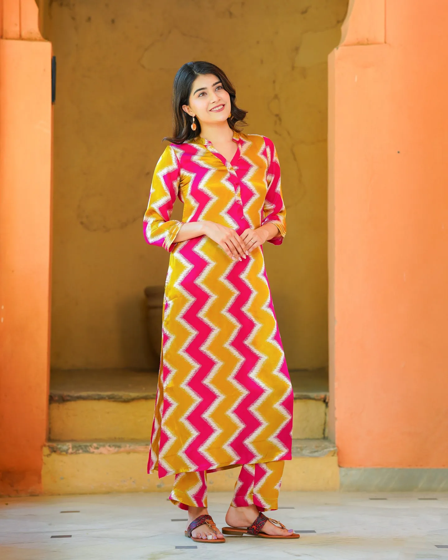 Pink And Mustard Zigzag Kurta Set