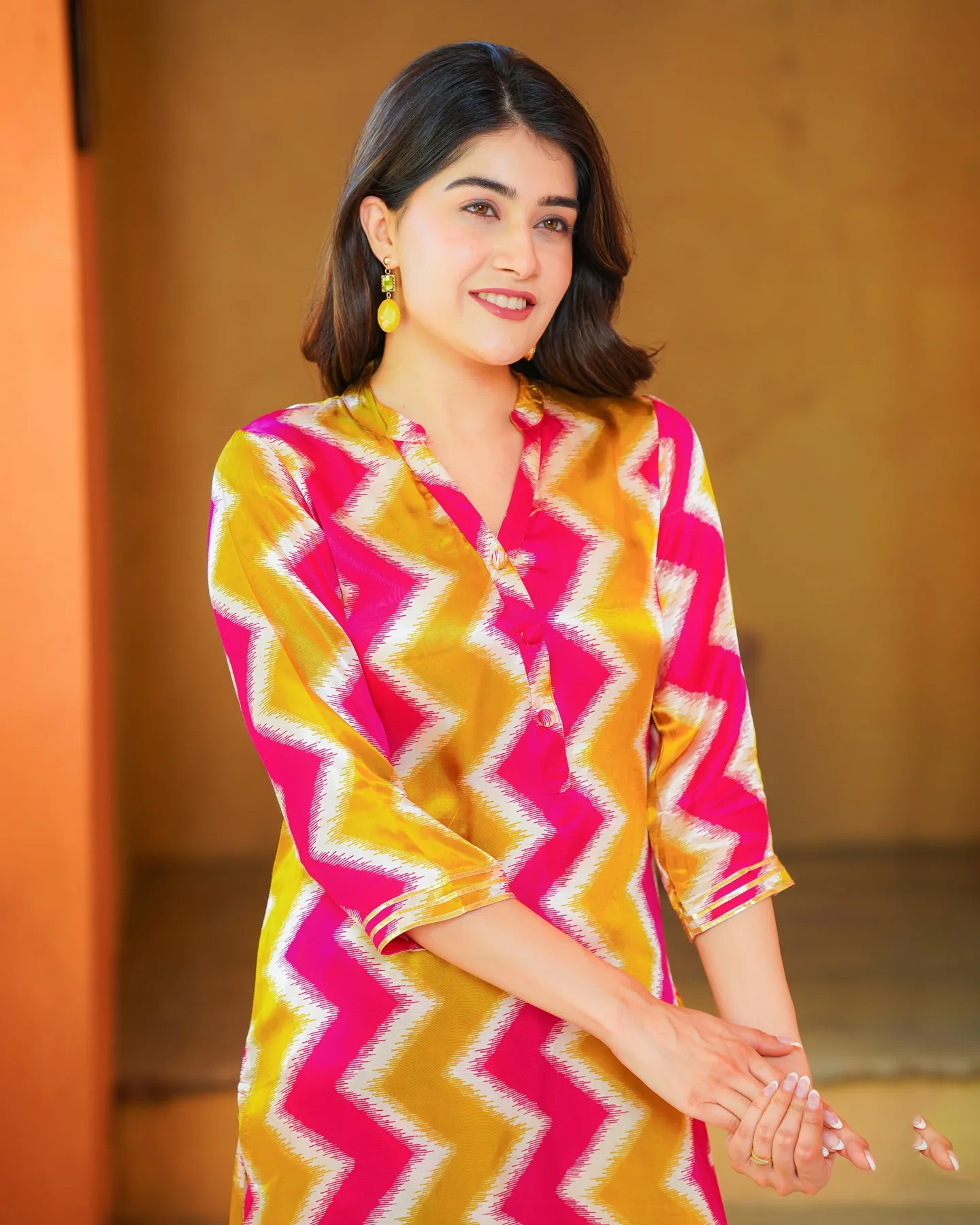 Pink And Mustard Zigzag Kurta Set