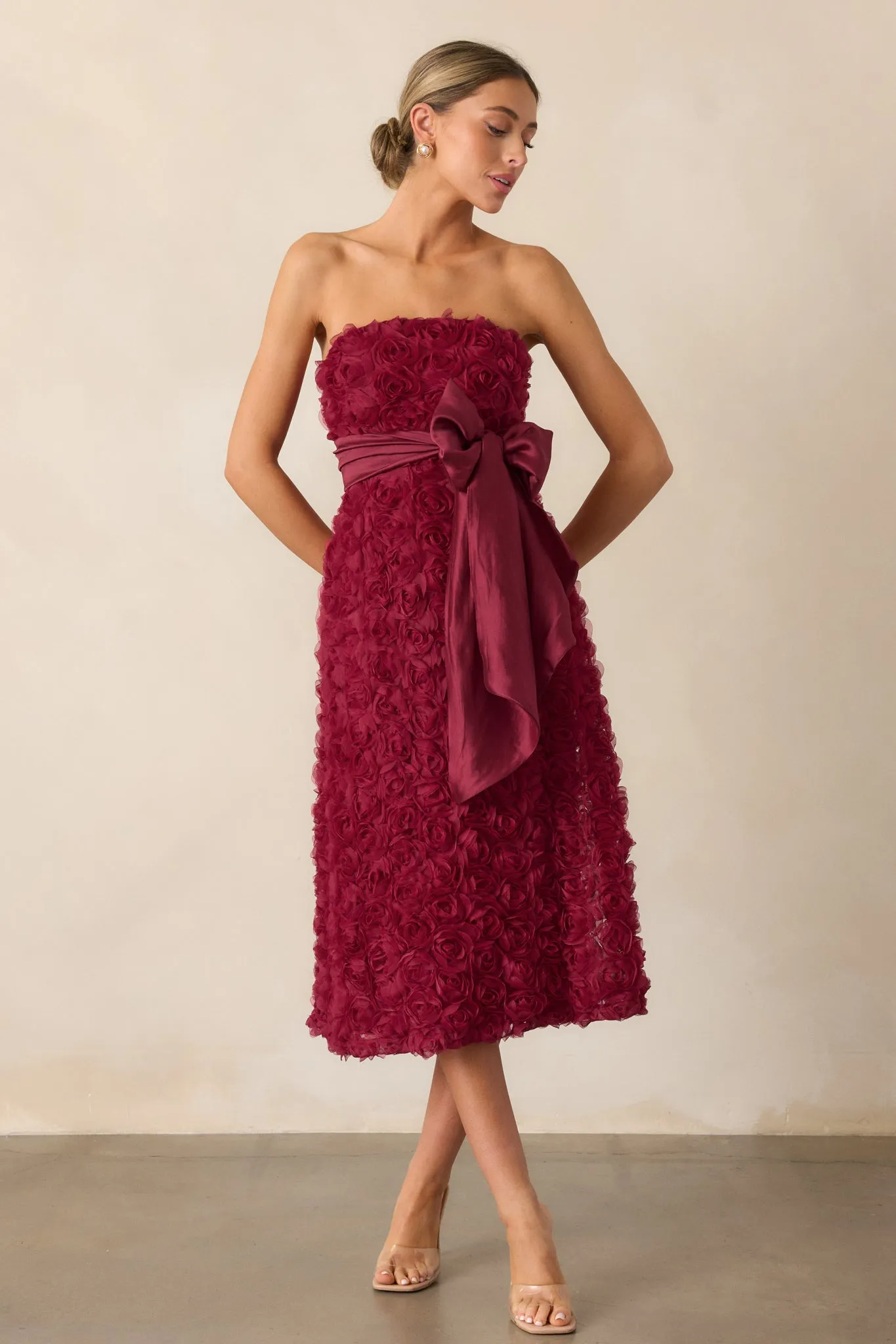 Raising The Bar Wine Floral Applique Midi Dress