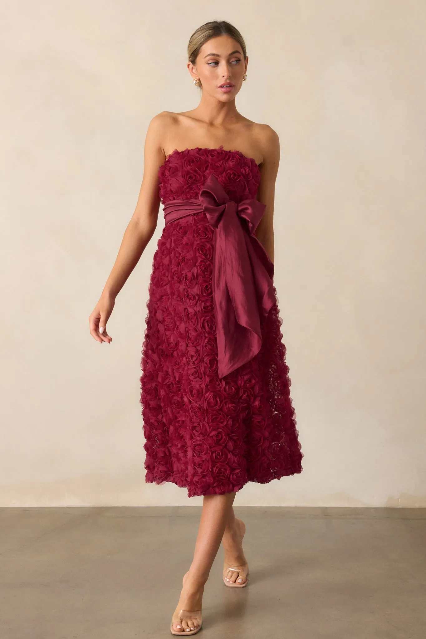 Raising The Bar Wine Floral Applique Midi Dress