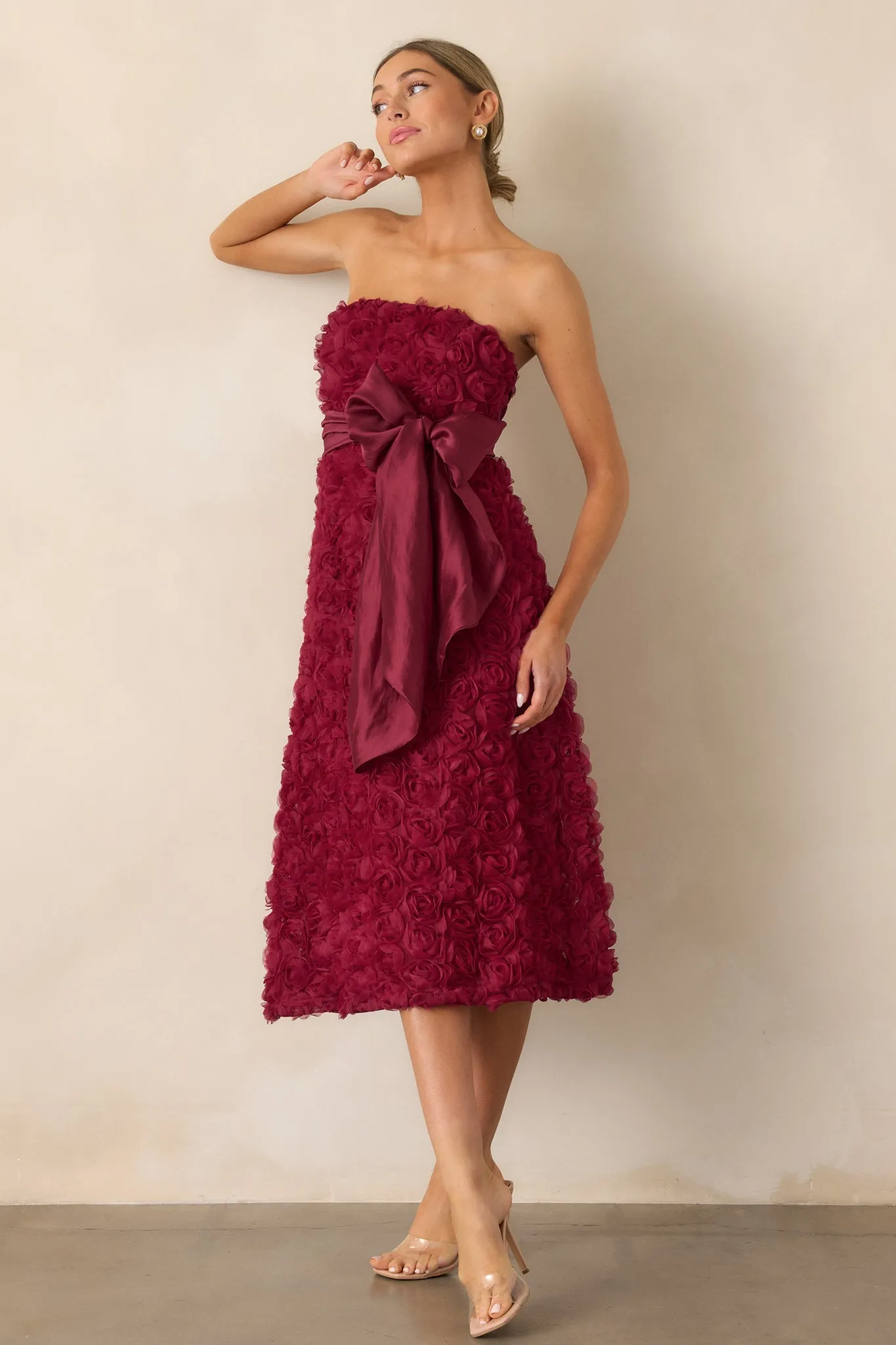 Raising The Bar Wine Floral Applique Midi Dress