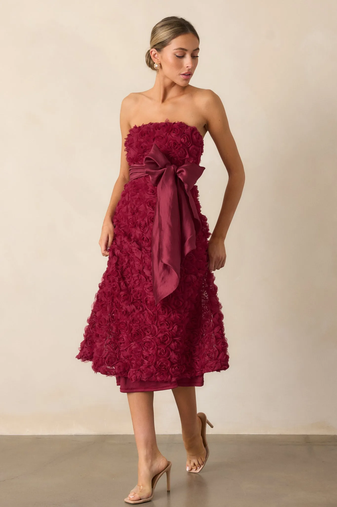 Raising The Bar Wine Floral Applique Midi Dress