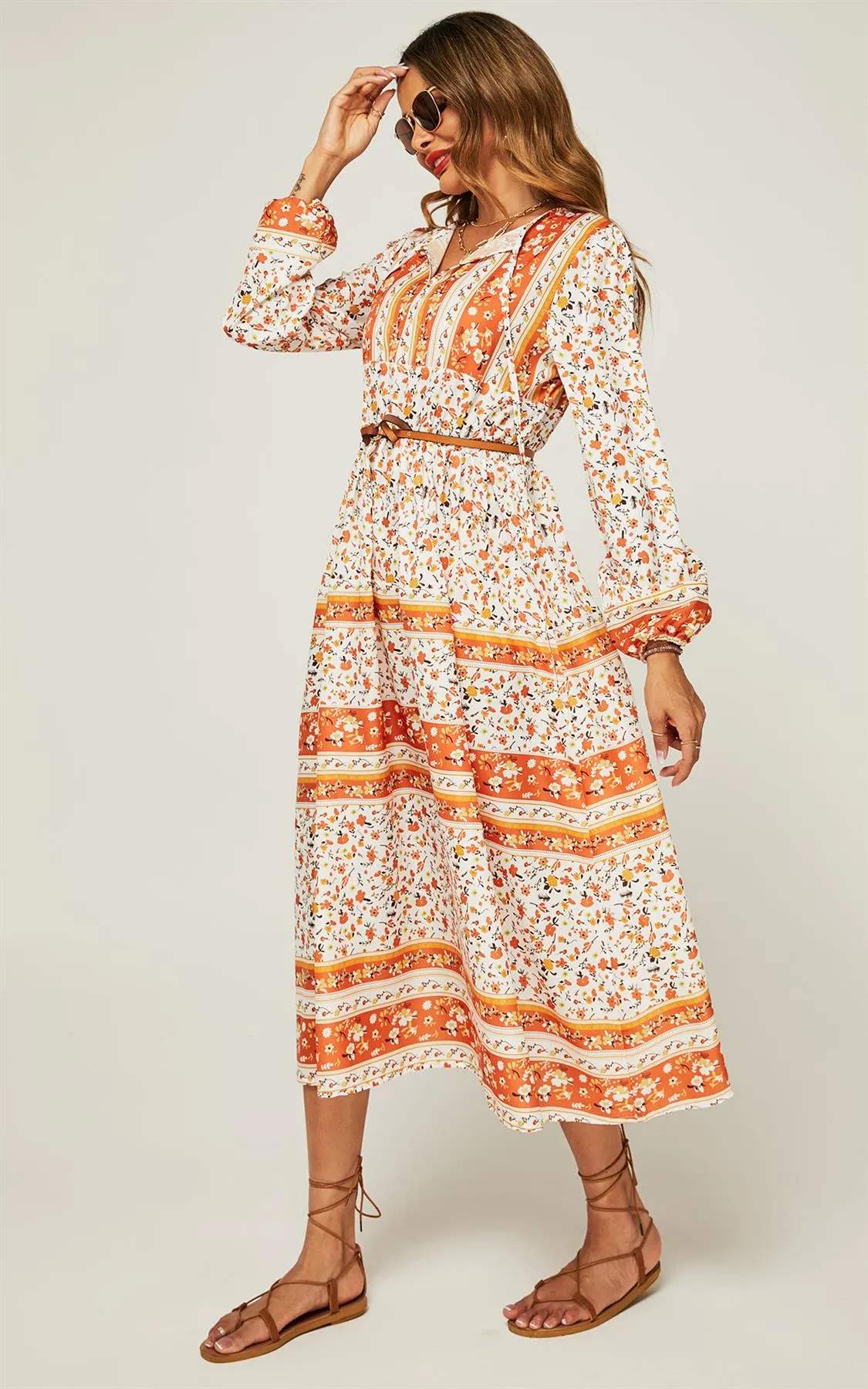 Relaxed Block Color Floral Printed Midi Dress In Orange