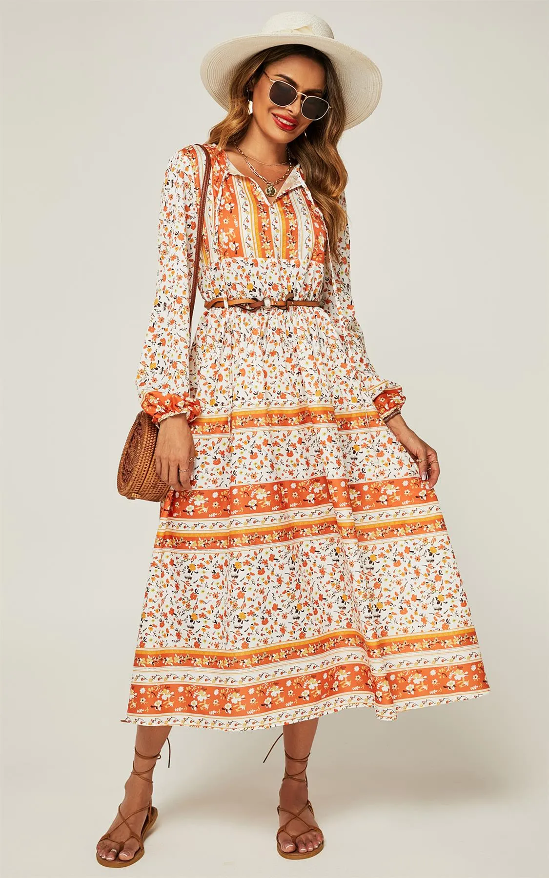 Relaxed Block Color Floral Printed Midi Dress In Orange