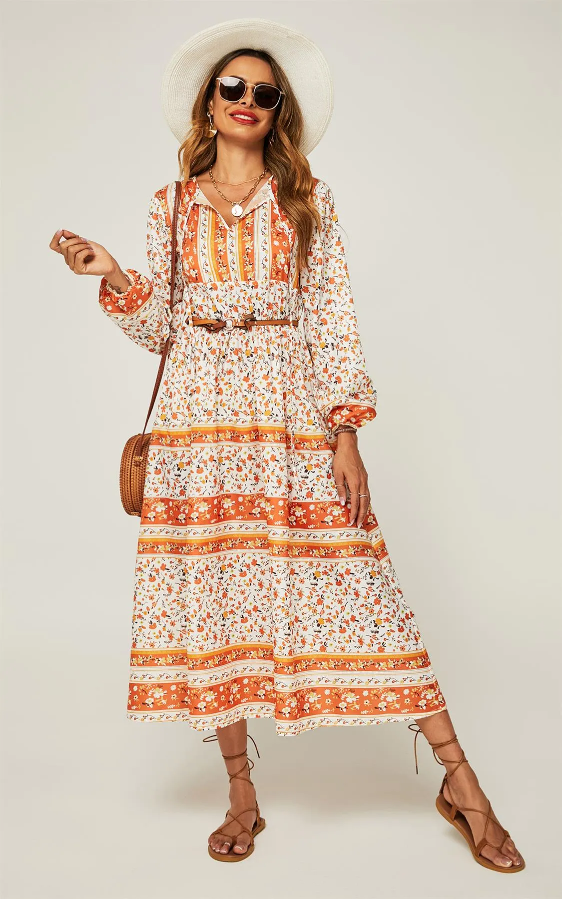 Relaxed Block Color Floral Printed Midi Dress In Orange