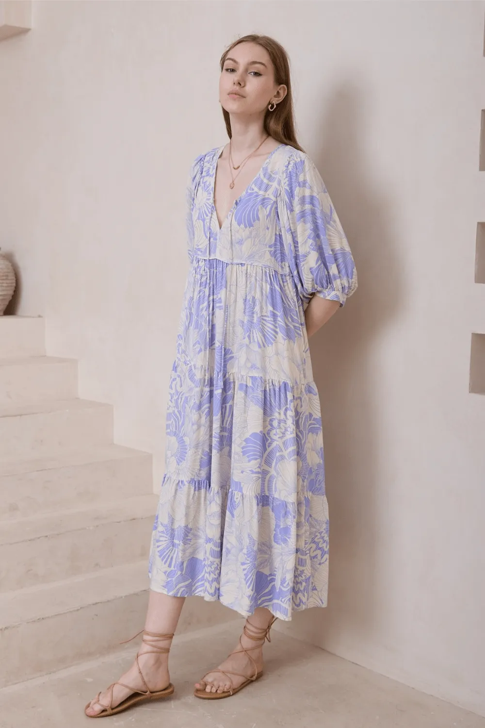 Rhea Boho Midi Dress - Sky