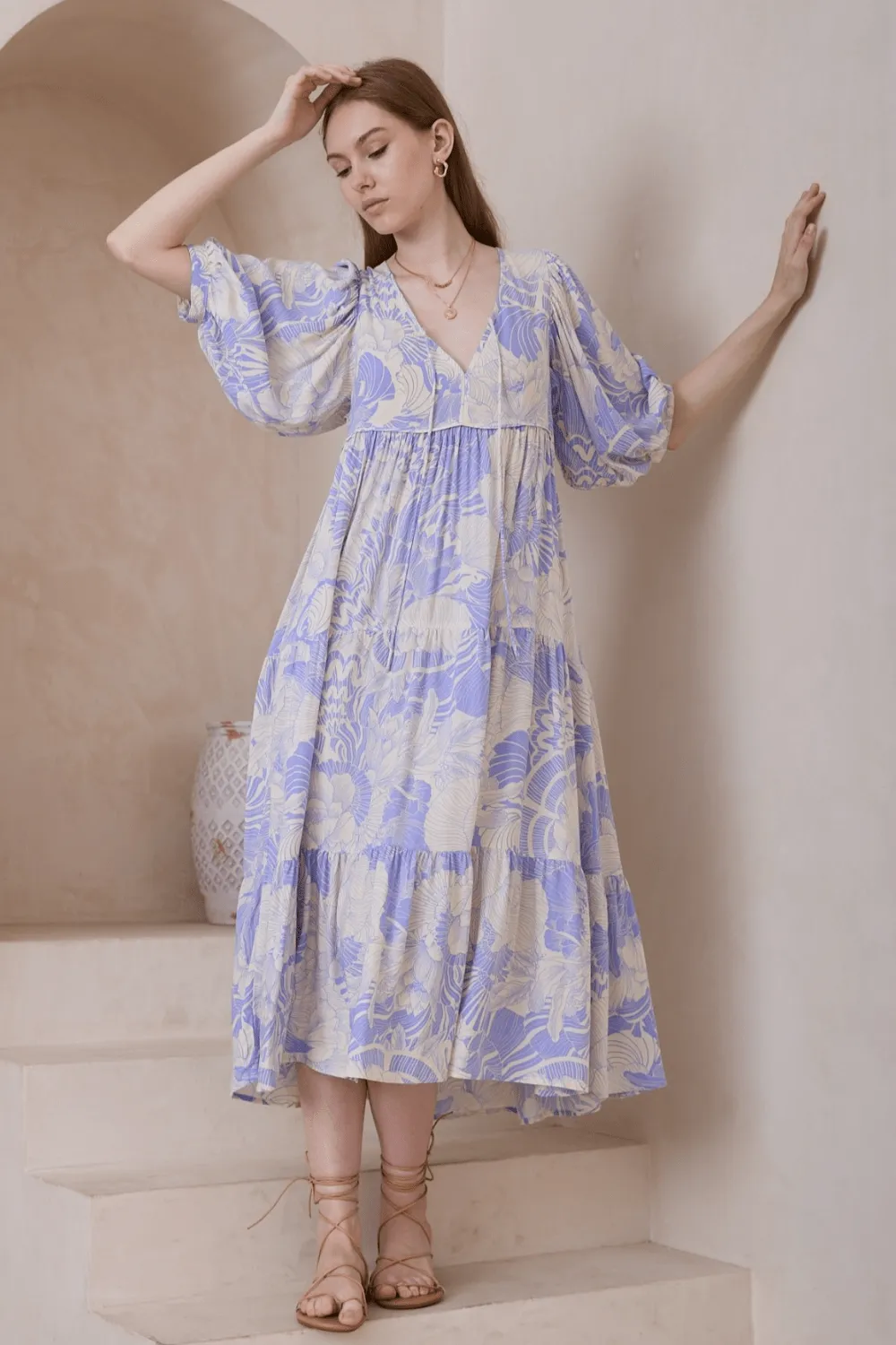 Rhea Boho Midi Dress - Sky