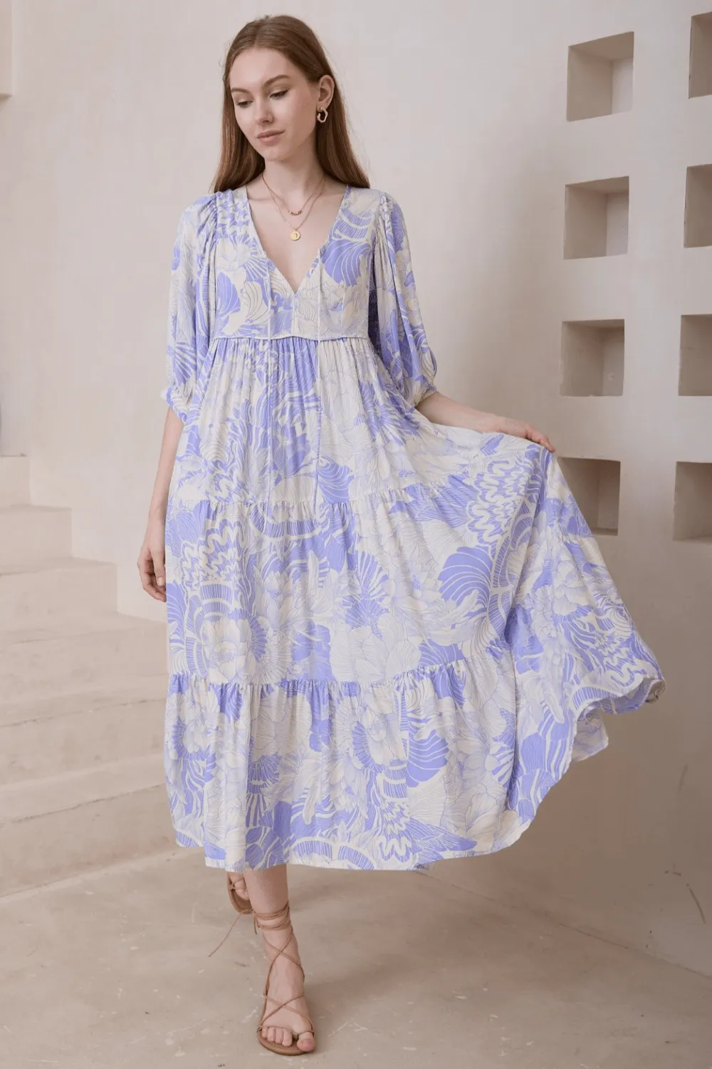 Rhea Boho Midi Dress - Sky