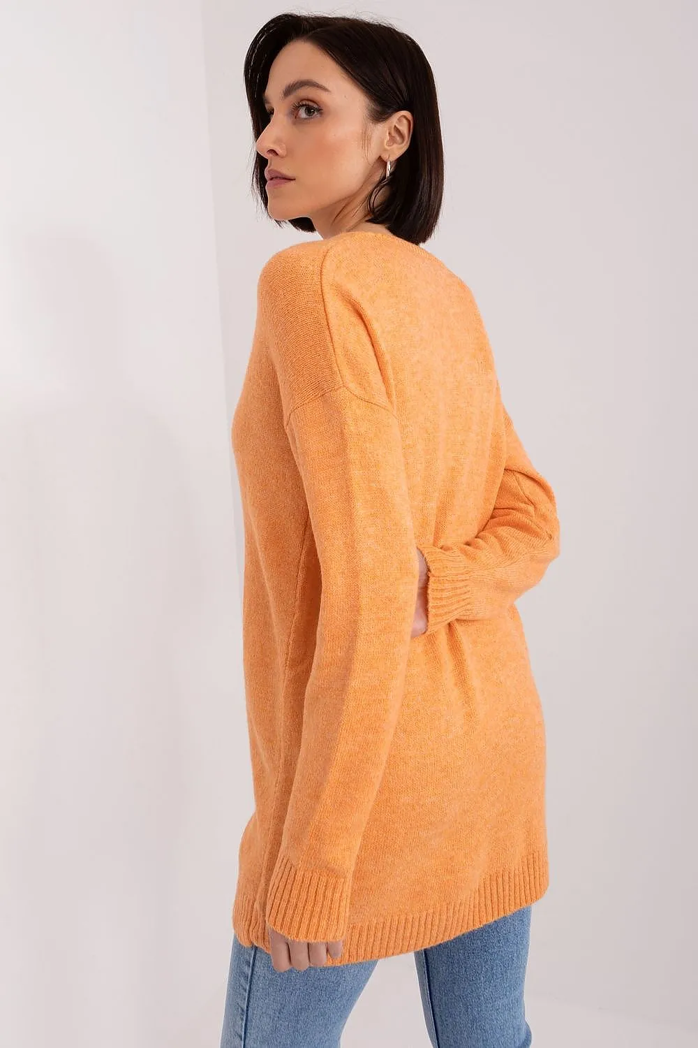 RUE PARIS Casual Women's Orange European V-Neck Sweater-model 189308