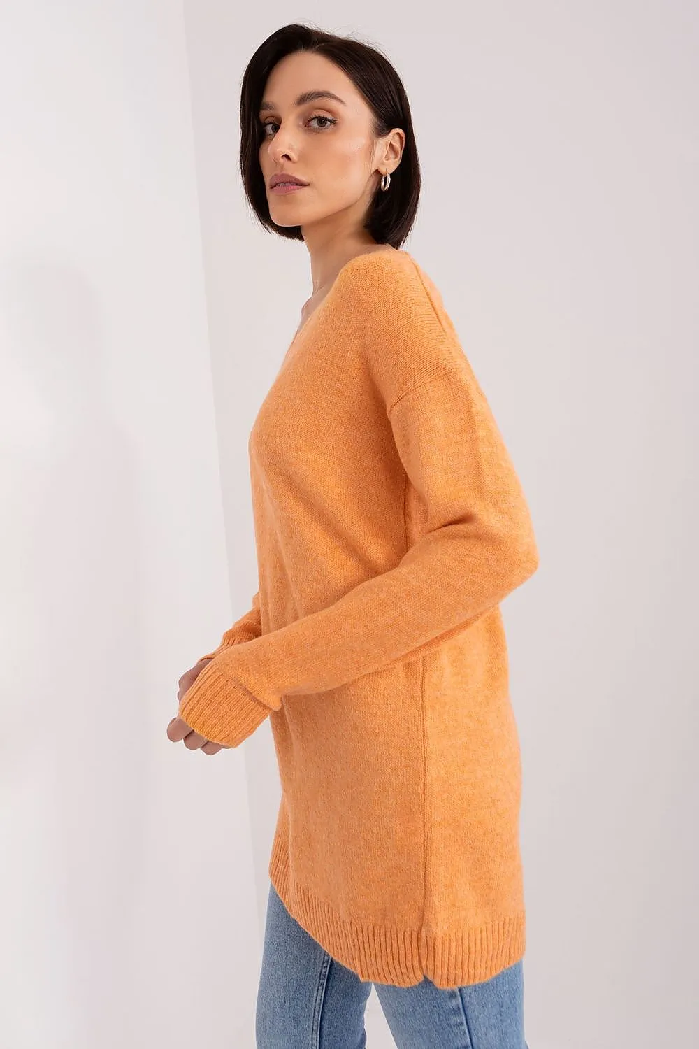 RUE PARIS Casual Women's Orange European V-Neck Sweater-model 189308