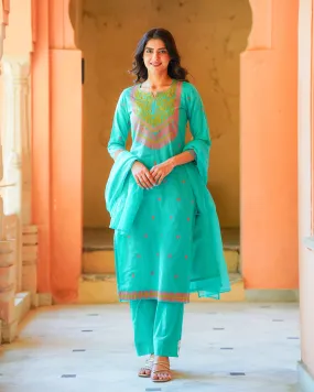 Sea Blue Embroidered Suit Set