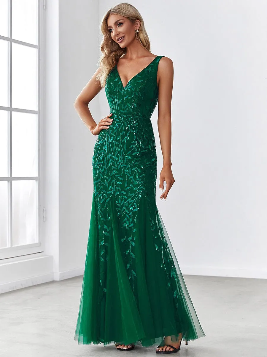 Sexy Double V-Neck Mermaid Sequin Evening Maxi Dress for Women