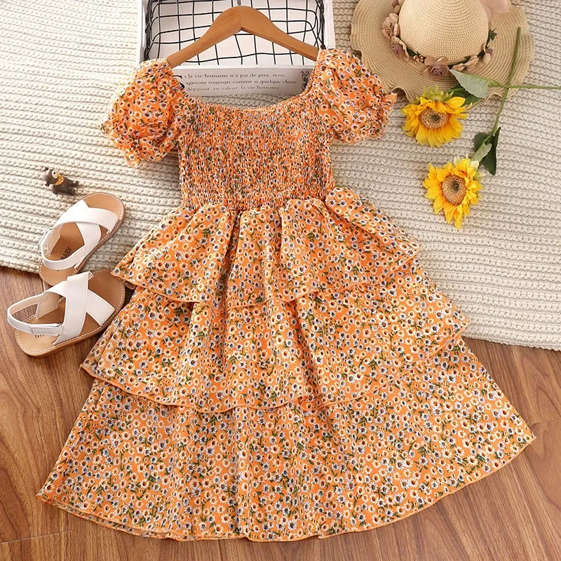 Short Sleeve Beautiful Floral Layers Pattern Girls Summer Dress  | Toddler Girl Kid Baby Girl Dress Gift Princess Girl Dress Cloths 2-8 Year